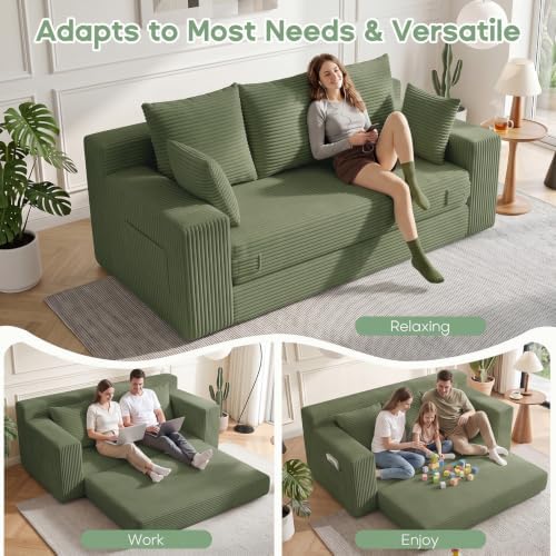 Boneless Couch for Living Room, 3 Seater Convertible Sofa Bed in A Box, Folding Pull Out Couch with Comfy Corduroy, Loveseat Sleeper Floor Sofa with 5 Pillows, No Assembly Required, Olive Green