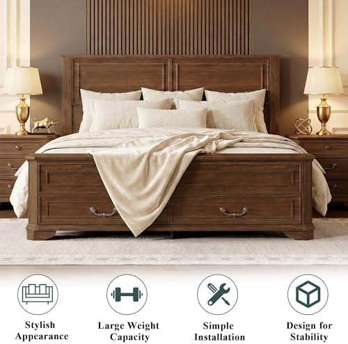 Farmhouse Queen Bed Frame with Tall Headboard, Rustic Solid Wood Platform Bed Queen Size with Storage Bench and 2 Large Drawers, No Squeak, No Box Spring Needed, Walnut