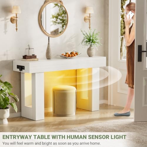 Unikito 47" Entryway Table with Socket & Sensor Light, Rustic White