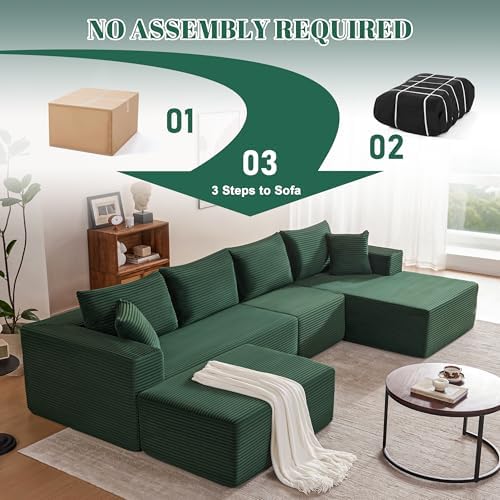 Mangodan 140” Cloud Sectional Couch, Boneless Sofa for Living Room, Modular Sectional Sofa with Deep Seat, Comfy Fluffy U-Shaped Couch with Right-Facing Chaise, No Assembly Required, Green