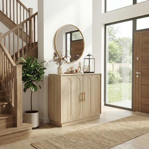 holzart 31.5" Modern 2 Door Storage Cabinet, Light Oak Sideboard Buffet Cabinet with Gold Handles, Fluted Wood Accent Cabinet for Living Room, Entryway Console, Home Office Printer Stand
