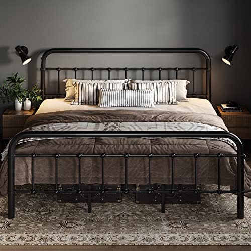 Allewie King Metal Bed Frame with Victorian Iron-Art Headboard, Black