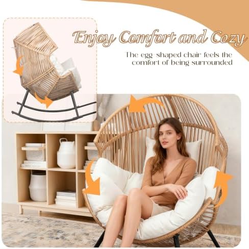 Shintenchi Wicker Egg Chair,Oversized Outdoor Indoor Rocking Chair,Large PE Rattan Rocking Chair with Cushion for Patio, Balcony, Backyard, Garden, Beige