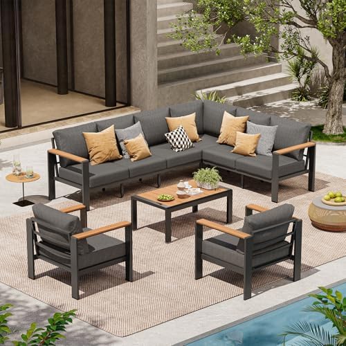 Aluminum Outdoor Patio Furniture Set, 8 Seats Patio Conversation Sets, Oversized Outdoor Sectional with Washable Thick Cushions & Coffee Table for Backyard, Garden and Poolside, Graphite
