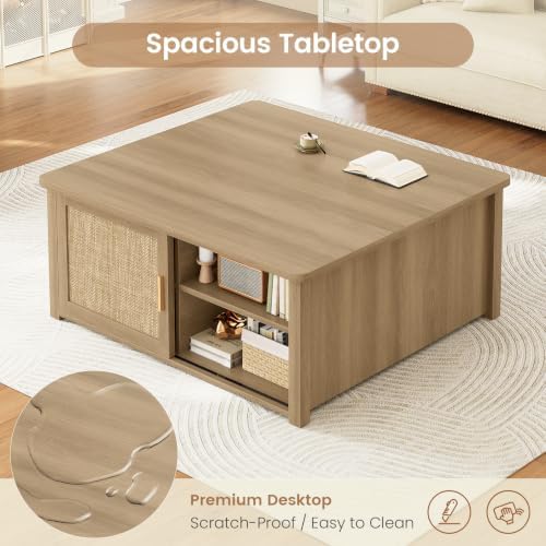 SEDETA 31.5" Lift Top Coffee Table with Storage, Square Coffee Tables for Living Room, Farmhouse Coffee Table with Large Hidden Storage Compartment and Adjustable Shelves, Rattan Oak