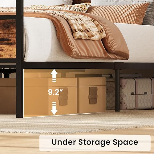 LIKIMIO Canopy Bed Frame Queen with Storage Headboard & Charging Station, Sturdy Metal Platform Bed with 4 Removable Posts, Dual Purpose Bed Frame, No Box Spring Needed, Noise Free