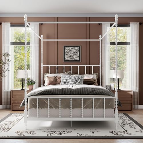 Furniture of America Vaeli Modern Metal Queen Size Four Poster Bed Frame with Spindles, Canopy Bedframe for Bedroom, Guest Room, Box Spring Required, White