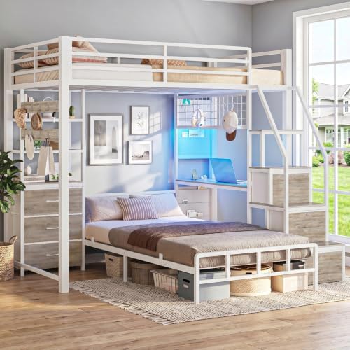 AOGLLATI Bunk Bed Twin Over Twin with 6 Storage Drawers and Desk for Kids Teens, Metal Led Twin Loft Bed with Charging Station and Side Bag,Hanging Rod,Stair,and Guardrail for Space Saving,White