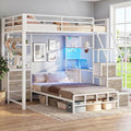 AOGLLATI Bunk Bed Twin Over Twin with 6 Storage Drawers and Desk for Kids Teens, Metal Led Twin Loft Bed with Charging Station and Side Bag,Hanging Rod,Stair,and Guardrail for Space Saving,White