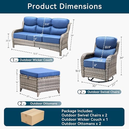 Luxury 5 Pieces Outdoor Patio Furniture Set-High Back Swivel Rocker Patio Chairs with Sofa and Ottomans, 6-inch Extra Thick Cushions Wicker Outdoor Conversation Set for Garden Porch(Grey/Blue)