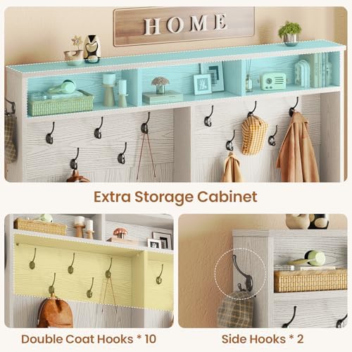 Itaar Hall Tree with Bench and Shoe Storage, 5-in-1 Entryway Bench with Coat Rack, 16 Shoe Cubbies & 12 Coat Hooks, Barn Door & Adjustable Shelf (Embossed White)