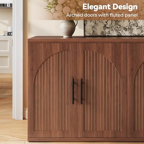 MapleGrace 63" Fluted Buffet Cabinet, Walnut Credenza with Adjustable Shelf