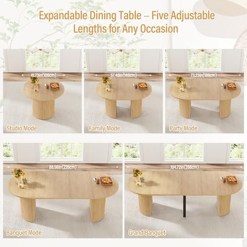 weselon 42"-105" Extendable Dining Table for 4-12, Expandable Oval Dining Room Table with Fluted Pedestal Base & Reinforced Metal Support Leg, Large Modern Kitchen Table for Dining Room (Natural)