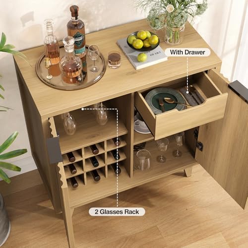Vabches Modern Fluted Coffee Bar Cabinet with Removable Wine Rack, Natural