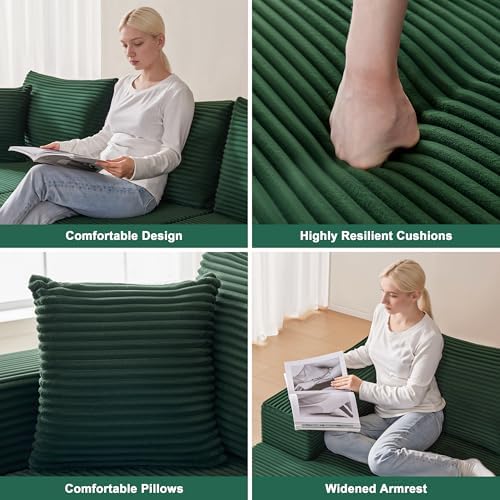 Mangodan 140” Cloud Sectional Couch, Modular Sectional Sofa with Deep Seat, Boneless Sofa for Living Room, Fluffy Comfy L-Shaped Couch with Left Facing Chaise, No Assembly Required, Green