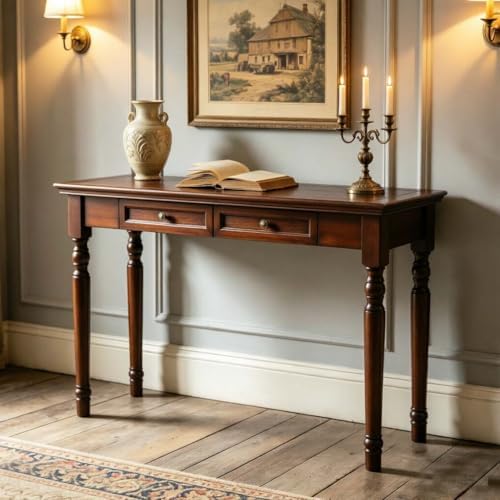 47" Narrow Solid Wood Writing Desk with Drawers, Walnut