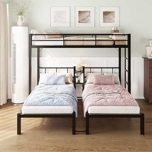 FCH Metal Triple Bunk Bed Twin Over Twin Over Twin,3 Bunk Beds with Shelves for Kids,Teens and Adults, Detachable 3 Person Bed, No Box Spring Needed,Black