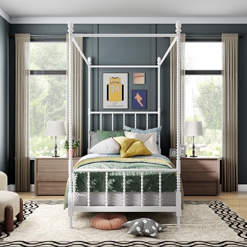 Furniture of America Vaeli Modern Metal Twin Size Four Poster Bed Frame with Spindles, Canopy Bedframe for Bedroom, Guest Room, Box Spring Required, White