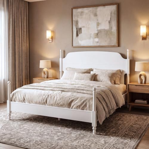 Christopher Knight Home Kane Wooden King Bed Frame with Headboard, Farmhouse King Size Bed Frame and Arched Headboard, 4-Poster King Bedframe with Slats Support, No Box Spring Needed, White