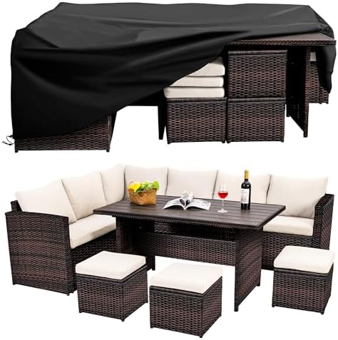 Wumiokio Patio Furniture Set, 7 Pieces Outdoor Patio Furniture with Dining Table&Chair, All Weather Wicker Conversation Set with Ottoman,Brown Rattan & Ivory Cushions (Include Sofa Dust Cover)