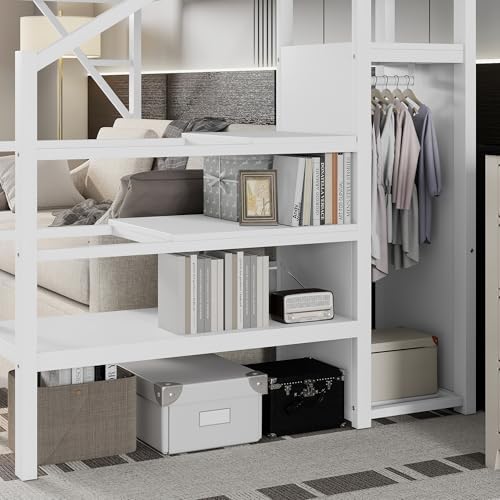 KEIKI Twin XL Size Metal Loft Bed Frame with Convertible Staircase, Built-in Storage Shelves & Wardrobe, Loft Bed with Solid Slat & Guardrail, No Box Spring Required, Easy Assembly, for Bedroom, White