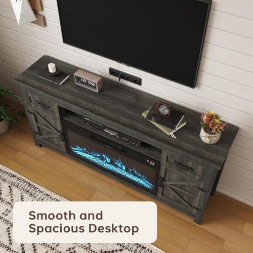 Fireplace TV Stand with Barn Door, 70 inch, Gray