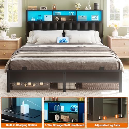 Aheaplus Headboard for Full Size Bed with Storage, Upholstered Headboards with Outlets, USB Ports and LED Light, Reversible Full Size Head Board, Height Adjustable, Comfortable Headboard, Black