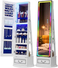 Vlsrka LED Mirror Jewelry Cabinet with Lights, 360° Swivel, White | Lockable Mirror with Storage, Standing Jewelry Armoire Organizer, Touch Screen, RGB Modes for Bedroom, Gift for Women