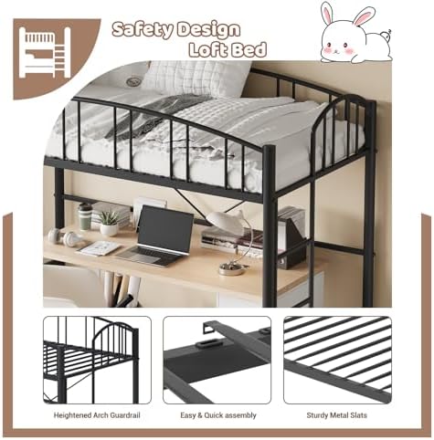 Garvee Loft Bed Twin Size with Ladde and Arched Guardrail for Kids, Adults