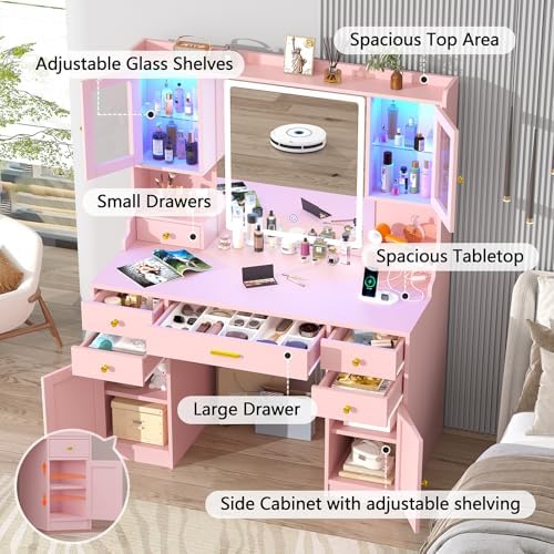 CSZZD Pink Makeup Vanity Desk with Lighted Mirror & RGB Storage Cabinets | 3 Colors Vanity Table Set with Power Outlet & 6 Drawers, Large Dressing Table with Open Storage Shelves for Bedroom