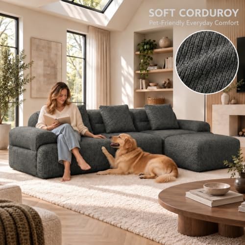 HUMMUH 120" Modular Sectional Sofa, Corduroy L Shaped Couch