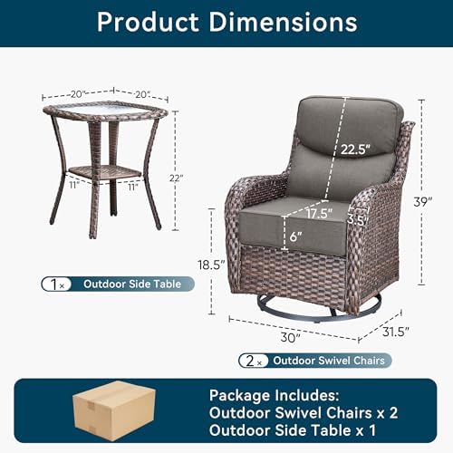 Luxury Outdoor Swivel Rocker Patio Chairs-3 Piece Wicker Patio Rocking Chairs Set of 2 with Glass Side Table 6" Thick Cushions High Back Outdoor Furniture Sets for Deck Porch Balcony(Brown/Grey)