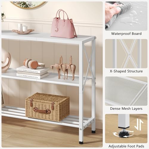 Hoctieon White Industrial Console Table, 3 Tier Entryway Tables, Hallway Desk, Narrow Sofa Tables with Shelves, Entrance Table for Entryway, Living Room, Foyer, Hallway, Office, White