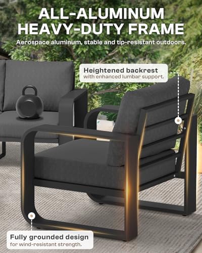 Oversized Aluminum Outdoor Furniture Set, Extra Large Patio Furniture Sofa Set 4.8” Widened Armrest & Ultra-Thick Cushions, 4 Pcs Modern Patio Sectional for Backyard, Porch, Graphite