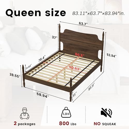 Queen Size Wood Platform Bed Frame with Tall Curved Headboard, Retro Four-Poster Spindle Bed with Solid Rubberwood Posts and Legs, No Box Spring Needed, Walnut Finish