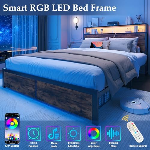 Queen Bed Frame with Charging Station, LED Lights, 2 Drawers, Rustic Brown