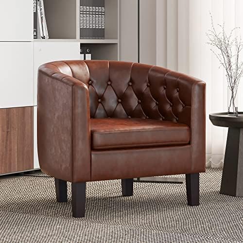 BELLEZE Caramel Accent Chairs for Living Room, Set of 2 Elegant Arm Chairs, Upholstered Tufted Barrel Chairs Club Chairs for Bedroom with Sturdy Legs and Faux Leather - Berlinda (Caramel)