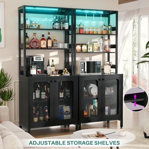 Aheaplus Bar Cabinet with Power Outlets, 67" Tall Wine Bar Cabinet, Black