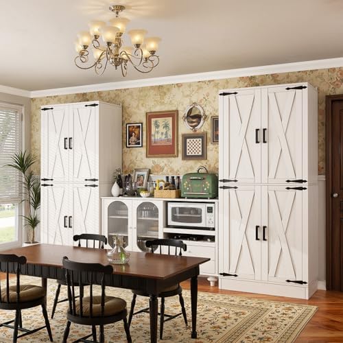 Unikito 71" Tall Pantry Cabinet with Adjustable Shelves and 2 Drawers | Large Wooden Farmhouse Storage Cupboard, Barn Door, Sturdy and Deep, Versatile for Dining Room, Living Room, Utility Room