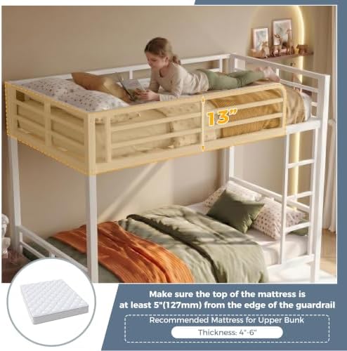 Bunk Bed Twin Over Twin, Heavy Duty Metal Twin Bunk Beds for Teens and Adults, Noise-Free Design Bunkbeds with Ladder, Guardrail for Bedroom, Dorms and Apartment (White, Twin Over Twin)