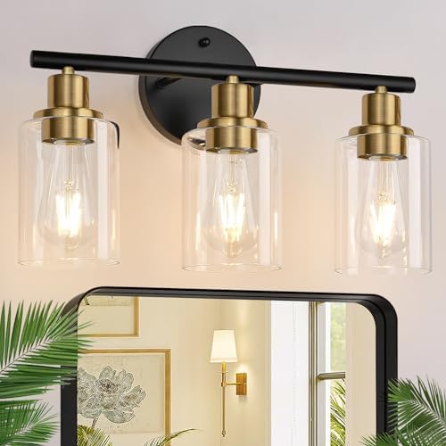 Zarbitta 3-Light Bathroom Light Fixtures, Black and Gold Bathroom Wall Lights, Modern Vanity Light with Clear Glass Shade, Bathroom Wall Lamp for Mirror Kitchen Bedroom Hallway Cabinet