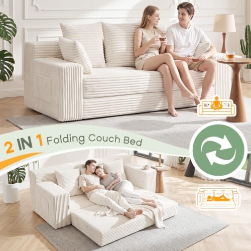 Boneless Couch for Living Room, 3 Seater Convertible Sofa Bed in Box, Beige