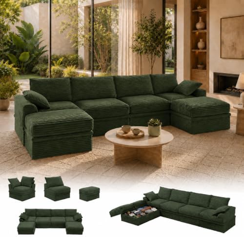 142" Upgraded Boneless Couch with Storage, Modular Sectional Couches for Living Room, Oversized Deep Seat 6-Seat U Shaped Cloud Sofa with Ottoman & Pillows,Corduroy,No Assembly (Green)