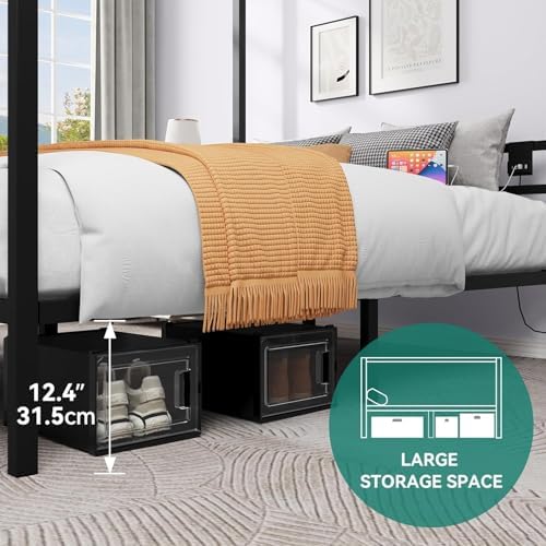 YITAHOME Canopy Bed Frame, Four Poster Platform Bed with USB Charging Station, Metal Bed Frame with Slats Support, 12.4 inch Underbed Storage, No Box Spring Needed, Black, Queen Size