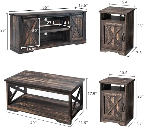 AMERLIFE 4 Piece Farmhouse Table Set with 66" TV Stand, Dark Oak