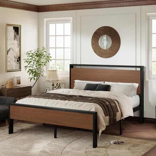 Allewie Full Size Bed Frame, Heavy Duty 12 Metal Slats Support, Walnut
