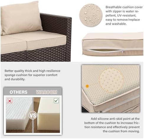 WAROOM Patio Couch PE Rattan 3-Seat Outdoor Sofa Brown Wicker Furniture Set Deep Seating with Anti-Slip Beige Cushion