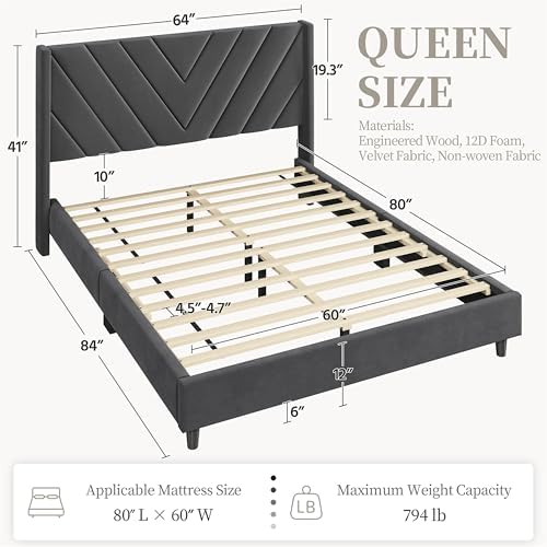 Yaheetech Queen Bed Frame with Chevron Channel-Tufted Headboard, Deep Gray