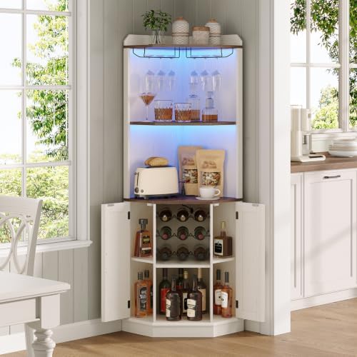 Vabches Farmhouse Corner Bar Cabinet with LED Lights Wine Bar Cabinet White