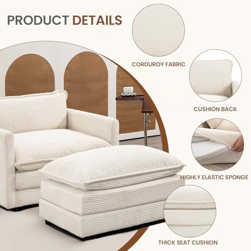 ROWHY 41'' Single Armchair with Ottoman, Modern Corduroy Cloud Couch with Convertible Chaise, Upholstered Sofa Set for Living Room, Beige